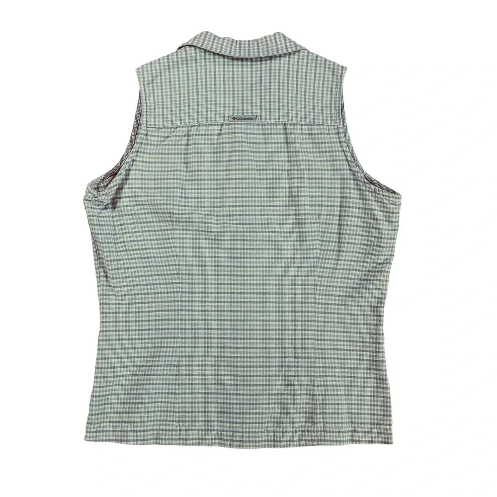 Columbia Women's Small Sleeveless Gingham Button Down In Olive, White Cotton